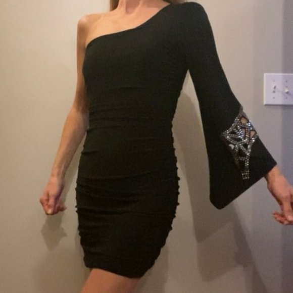 Taboo Dresses & Skirts - TABOO: ONE SHOULDER BLACK DRESS W/DESIGN ON SLEEVE - SMALL